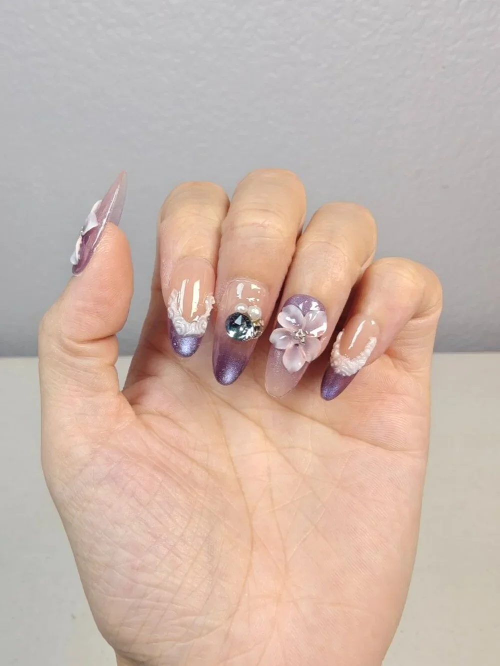 Dreamy Fairy Floral Medium Almond Press On Nails Pink Purple Cat Eye Gradient